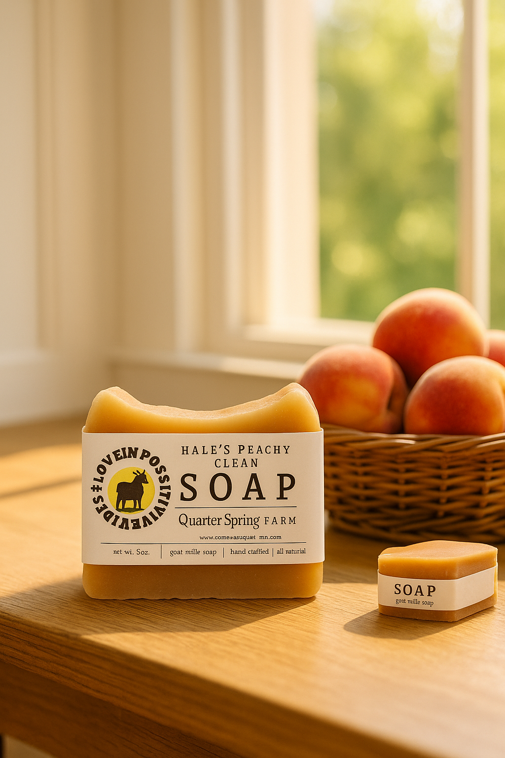 Two bars of soap on a wooden surface with peaches in the background