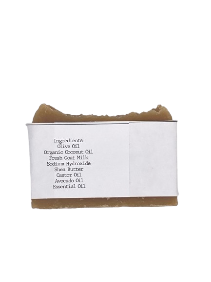 Bar of soap with a label showing ingredients on a white background