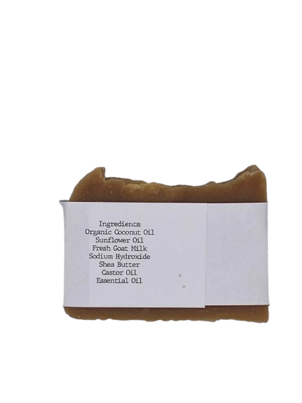 Bar of soap with a label showing ingredients on a white background