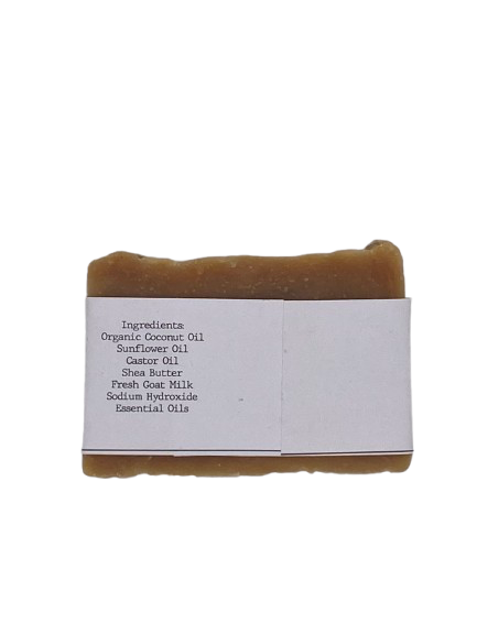 Bar of soap with a label on a white background