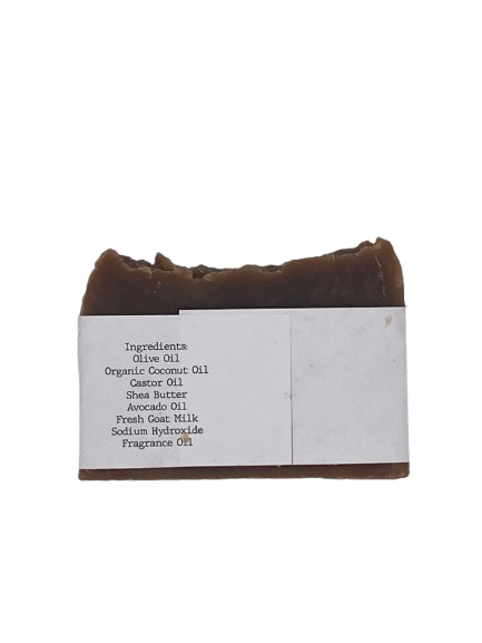 Bar of soap with a label on a white background