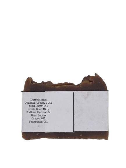 Bar of soap with a label on a white background