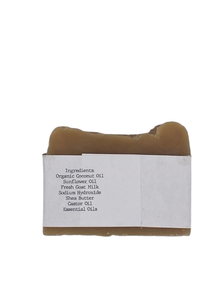 Bar of soap with a label on a white background