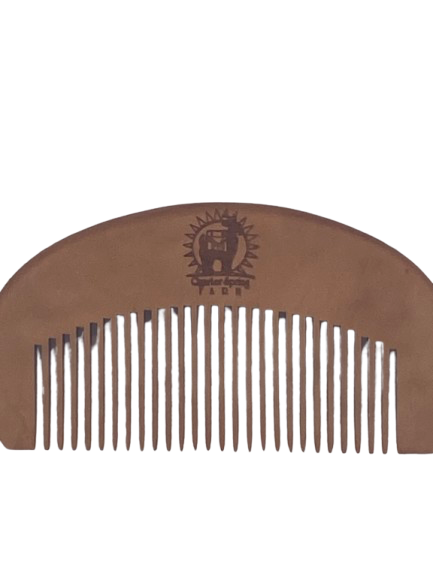 Brown comb with a logo on a white background