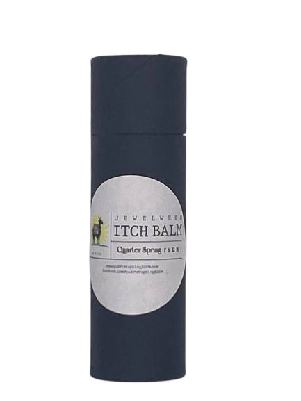 Itch relief balm in twist-up tube labeled ‘Jewelweed’ with peppermint and lavender essential oils