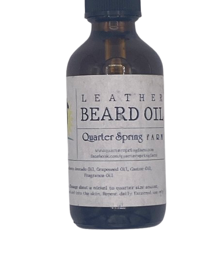 Bottle of leather beard oil with a label on a white background