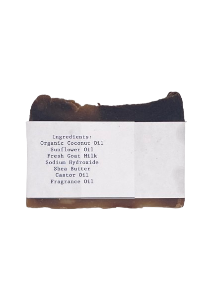 Bar of soap with a label detailing ingredients on a white background