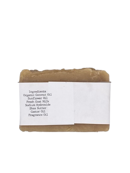 Bar of soap with a white label displaying ingredients on a white background for honeysuckle