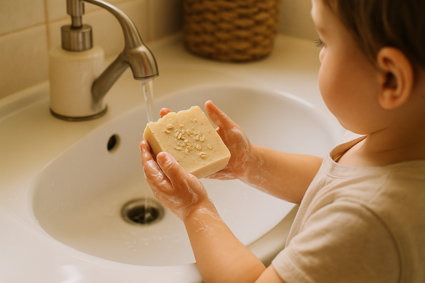 Child washing hands with cream colored handmade oatmeal soap bar