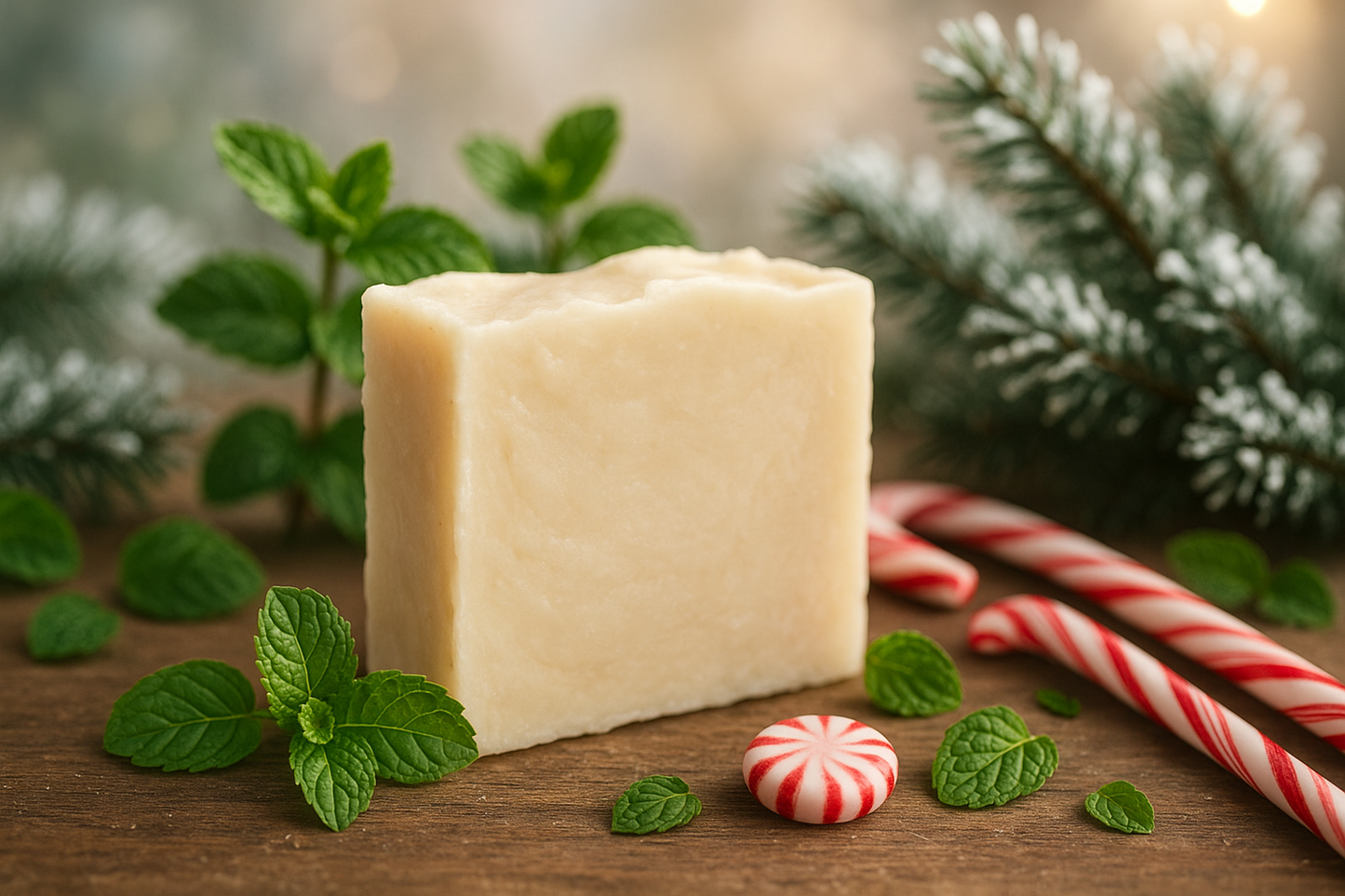 Cream colored handmade bar soap with winter and peppermint in background