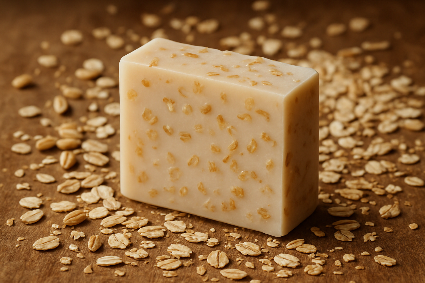 Cream colored soap with oatmeal in it with oatmeal in the background