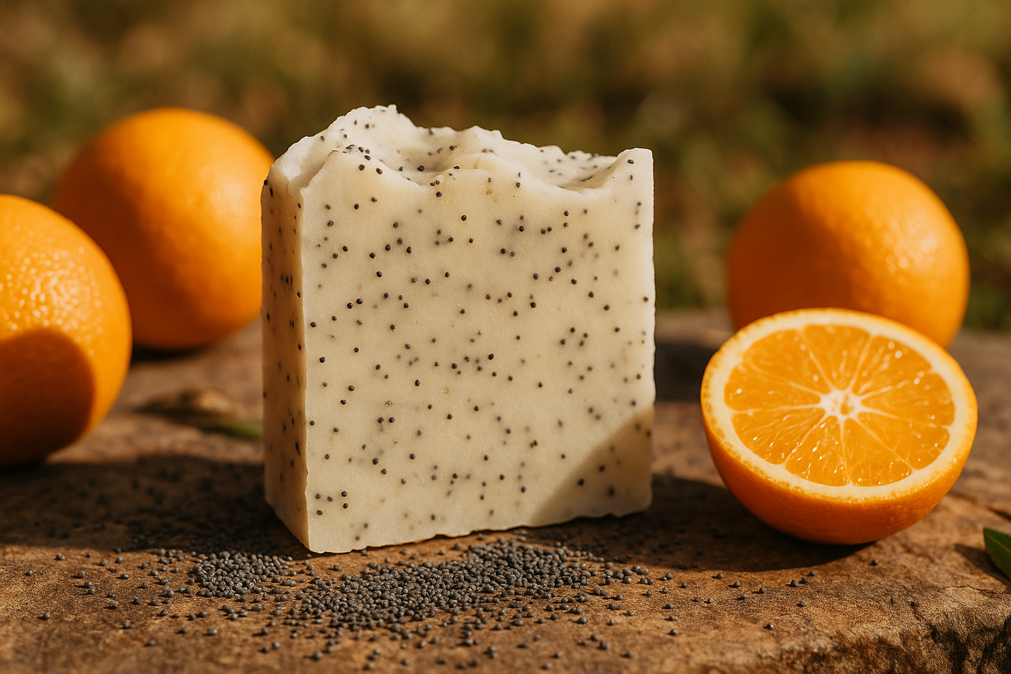 Create an image of an off white handmade soap bar with poppyseeds in it in a natural setting surrounded by oranges and poppyseeds