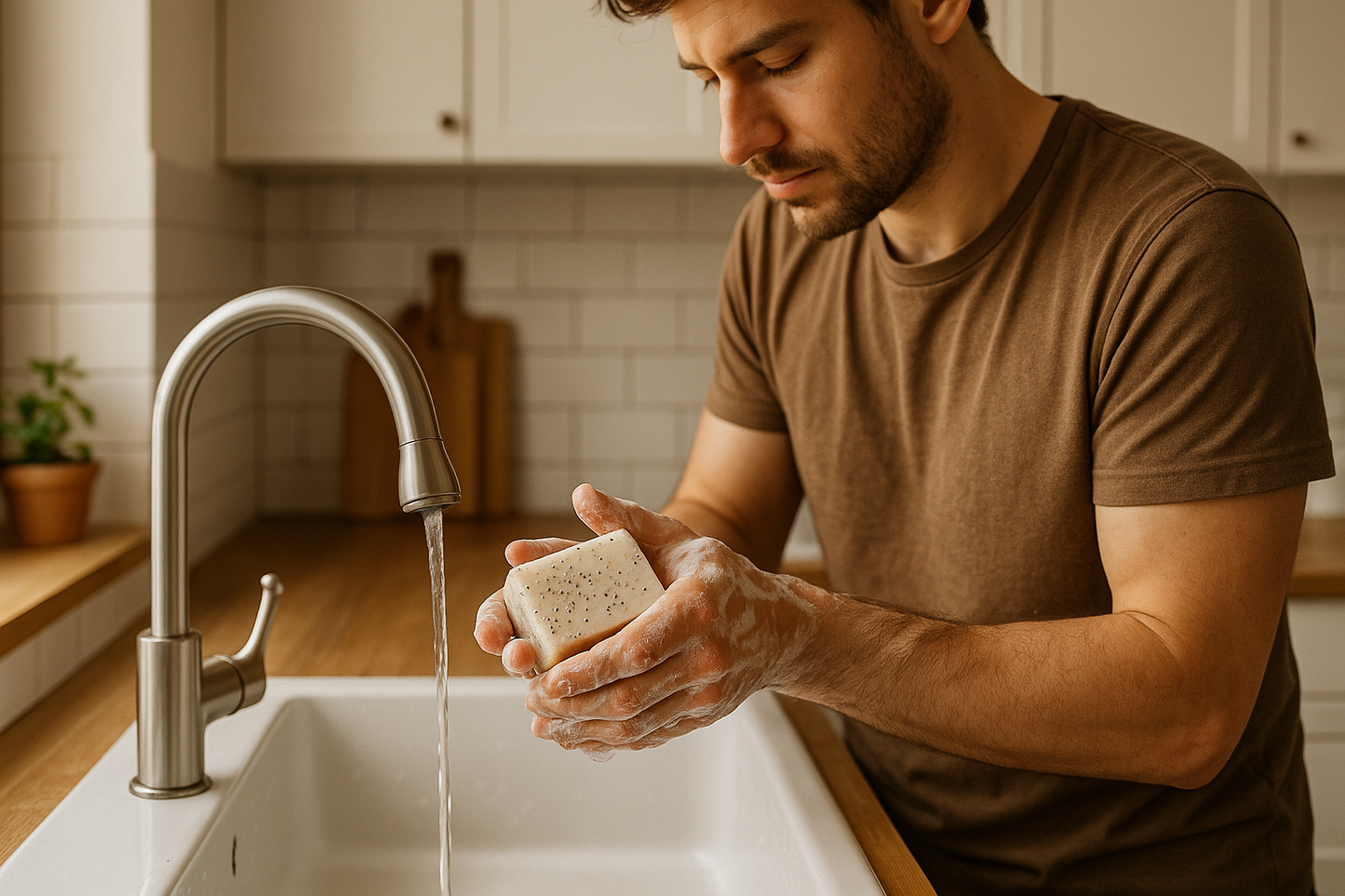 Create image of man using off white bar soap with poppyseeds at a kitchen sink