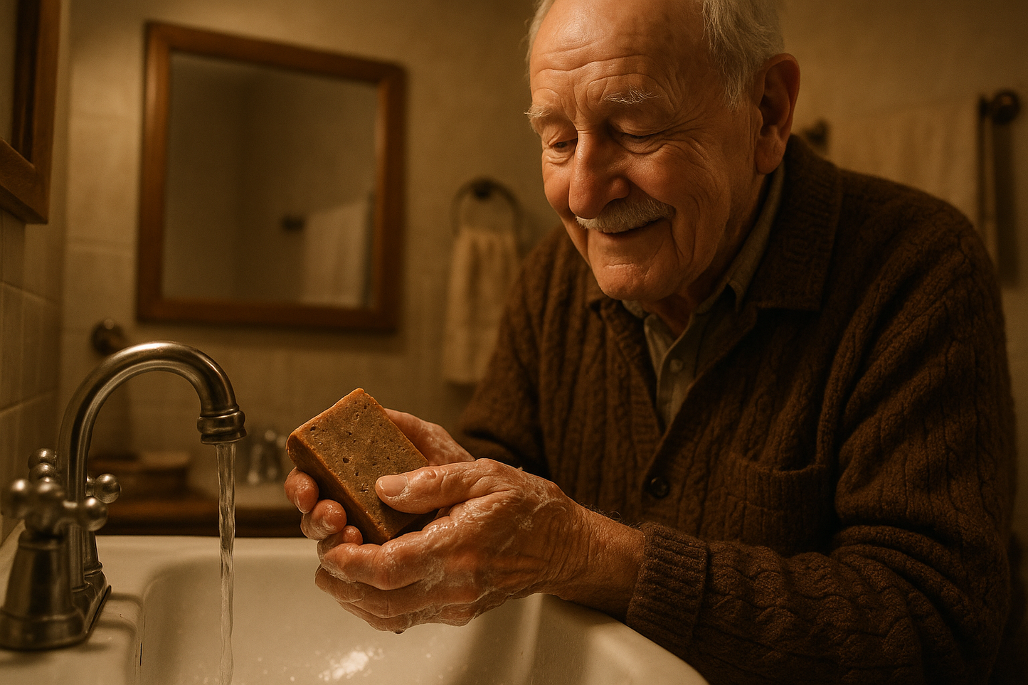 Grandpa washing hands with brown handmade bar soap at bathroom sink