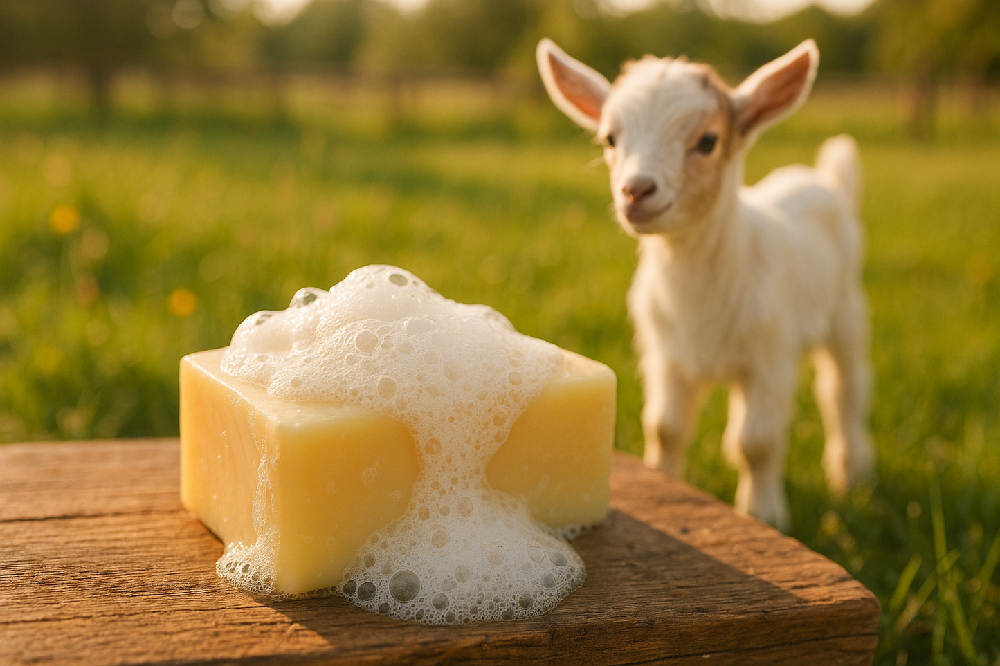 Light yellow colored bar soap lathered with baby goat in background with a fart cloud with “baby goat farts” written in it
