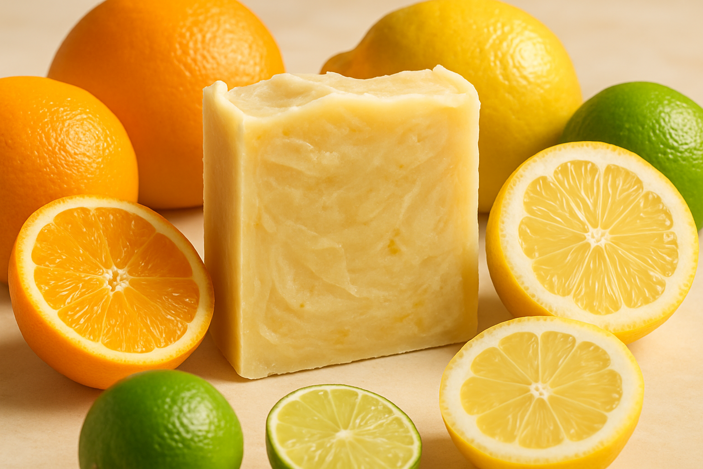 Light yellow handmade bar soap surrounded by citrus