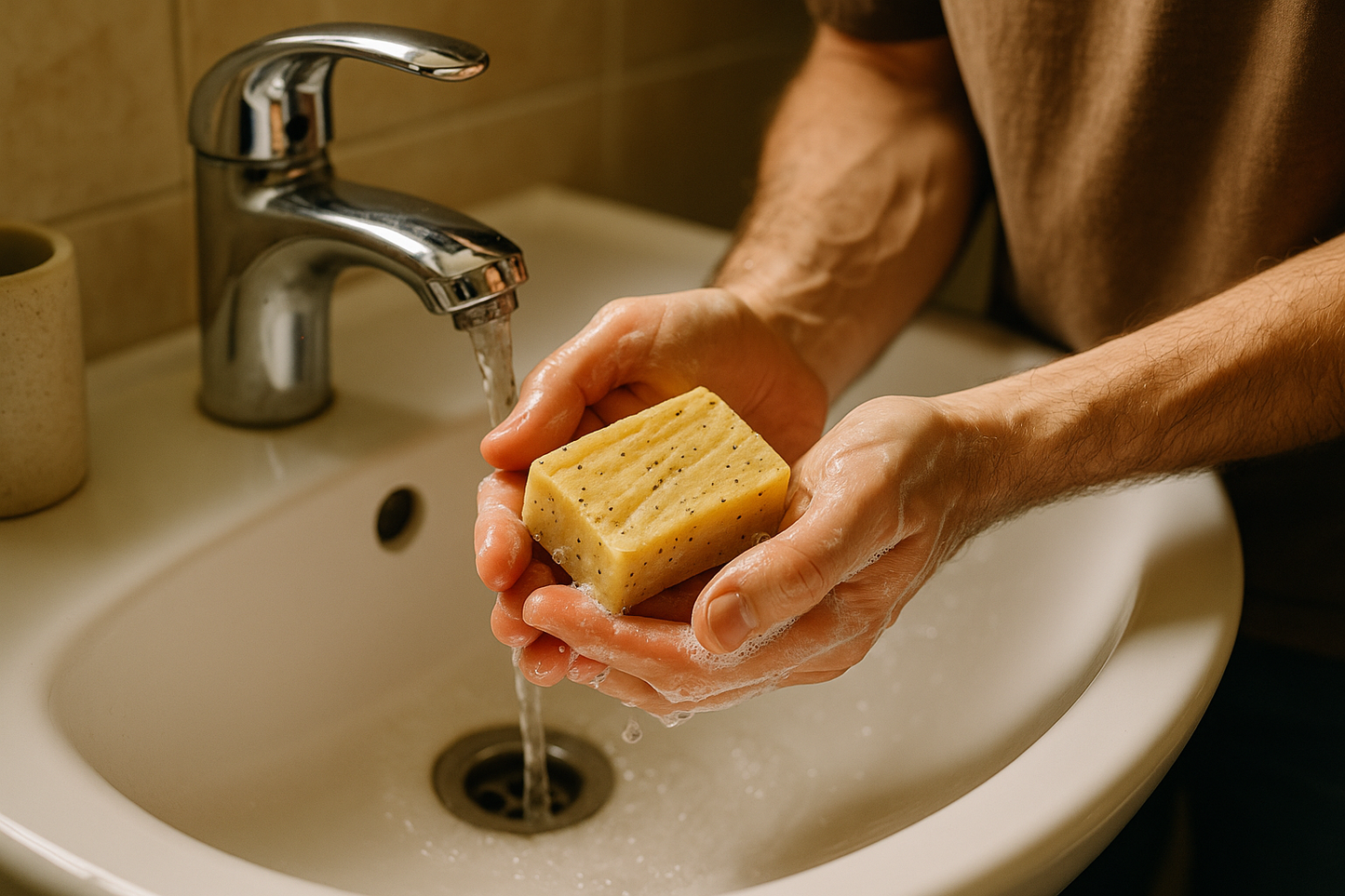 Man washing hands at sink with light yellow handmade bar soap with poppyseeds in it