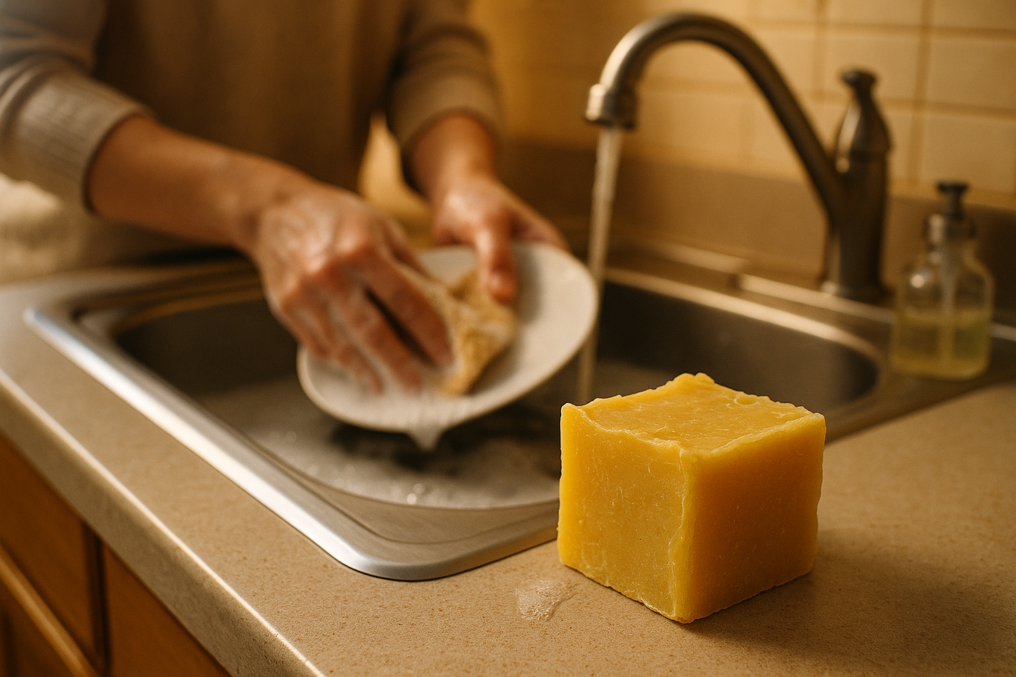 Yellow block of handmade soap sitting on side of sink while person is washing dishes with a washcloth