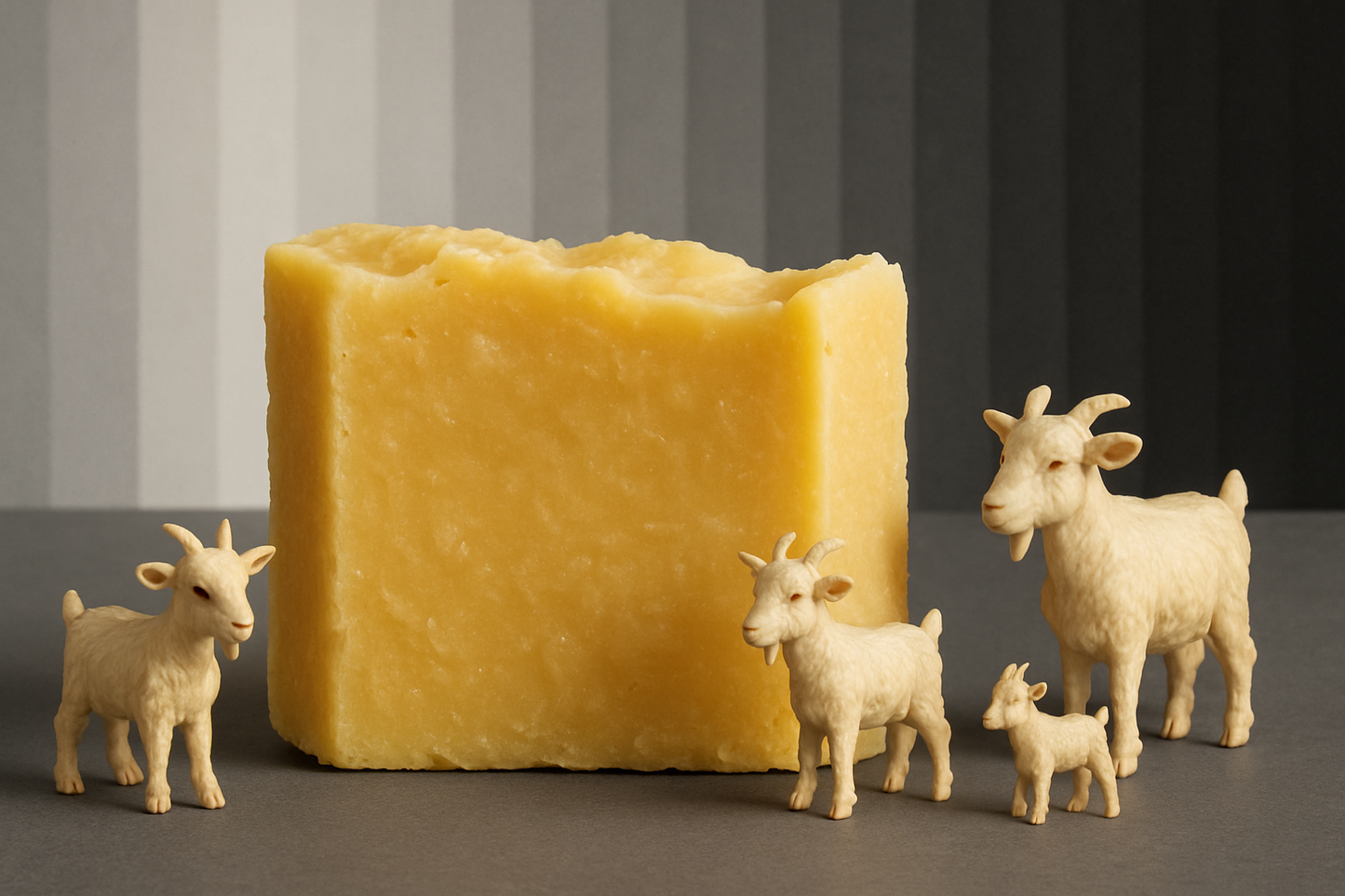 Yellow handmade soap bar with goats and 50 shades of gray in background