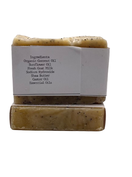 Bar of soap with a label showing ingredients on a white background for Basil Eucalyptus 
