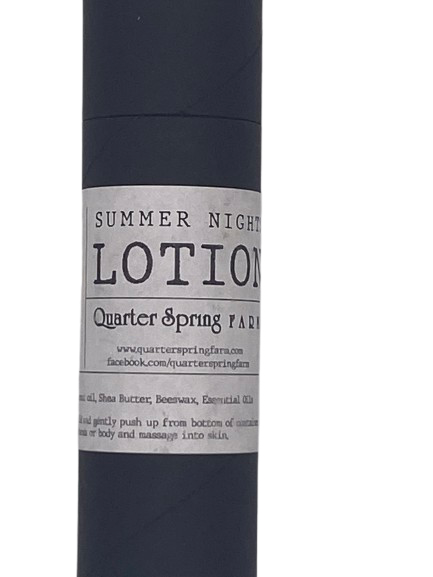 Moisturizing lotion bar in push-up tube labeled ‘Summer Nights’ with lavender, orange, and patchouli essential oils