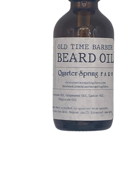 Bottle of Old Time Barber Beard Oil from Quarter Spring Farm on a white background
