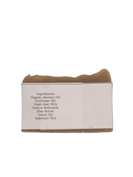 Bar of soap with a visible label on a white background