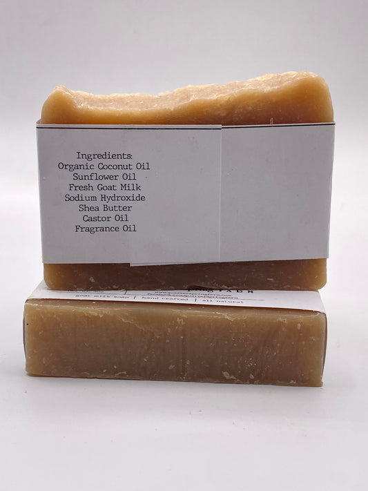 Bar of soap with a label on a white background