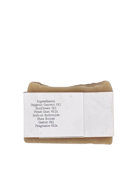 Bar of soap with a label on a white background