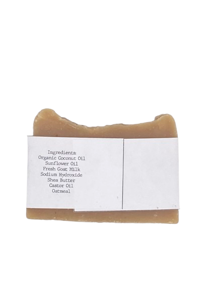 Bar of soap with a white label displaying ingredients on a white background