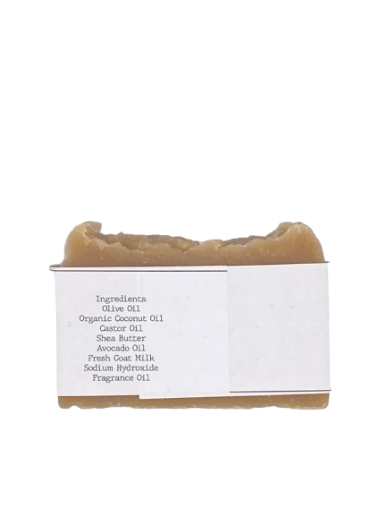 Bar of soap with a label on a white background