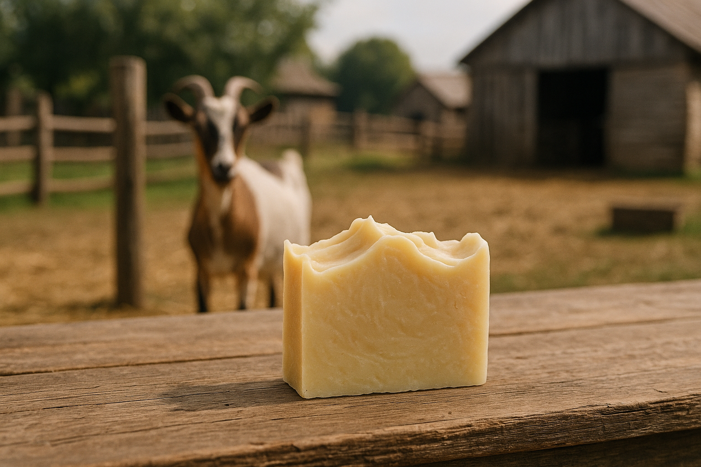 A light yellow handmade bar of soap on a wood table with barnyard and a goat in the background 