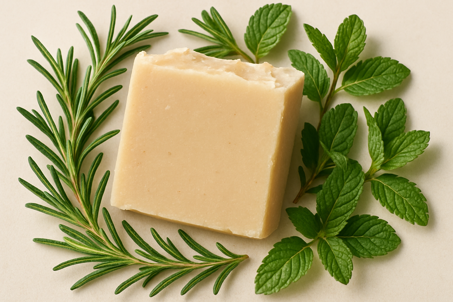 Beige colored handmade soap bar surrounded by rosemary and mint