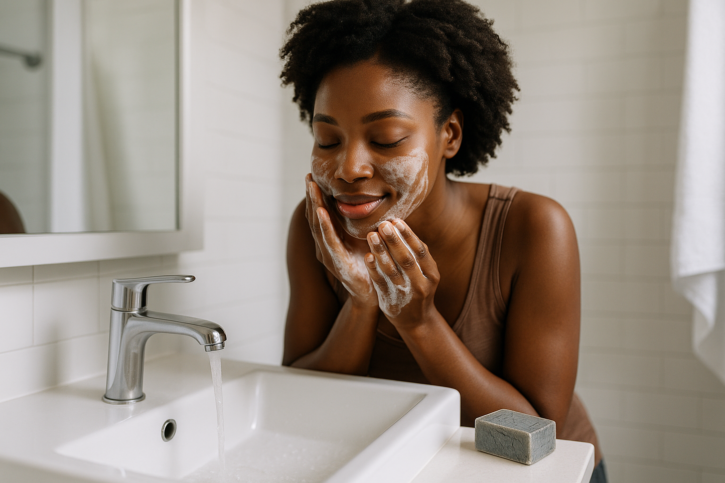 Black lady using gray handmade bar soap to wash her face with at bathroom sink