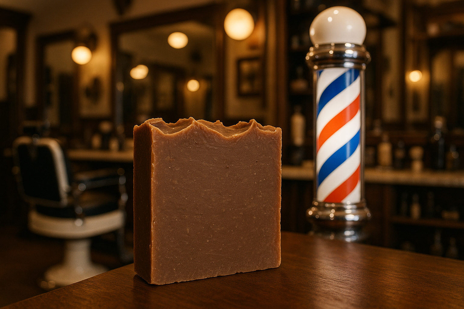 Brown handmade bar soap in barbershop with barbershop pole in background 