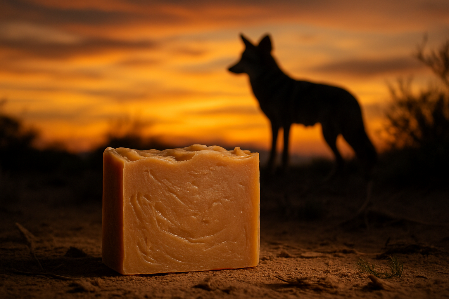 Evening scene, light brown handmade bar soap with coyote in background 