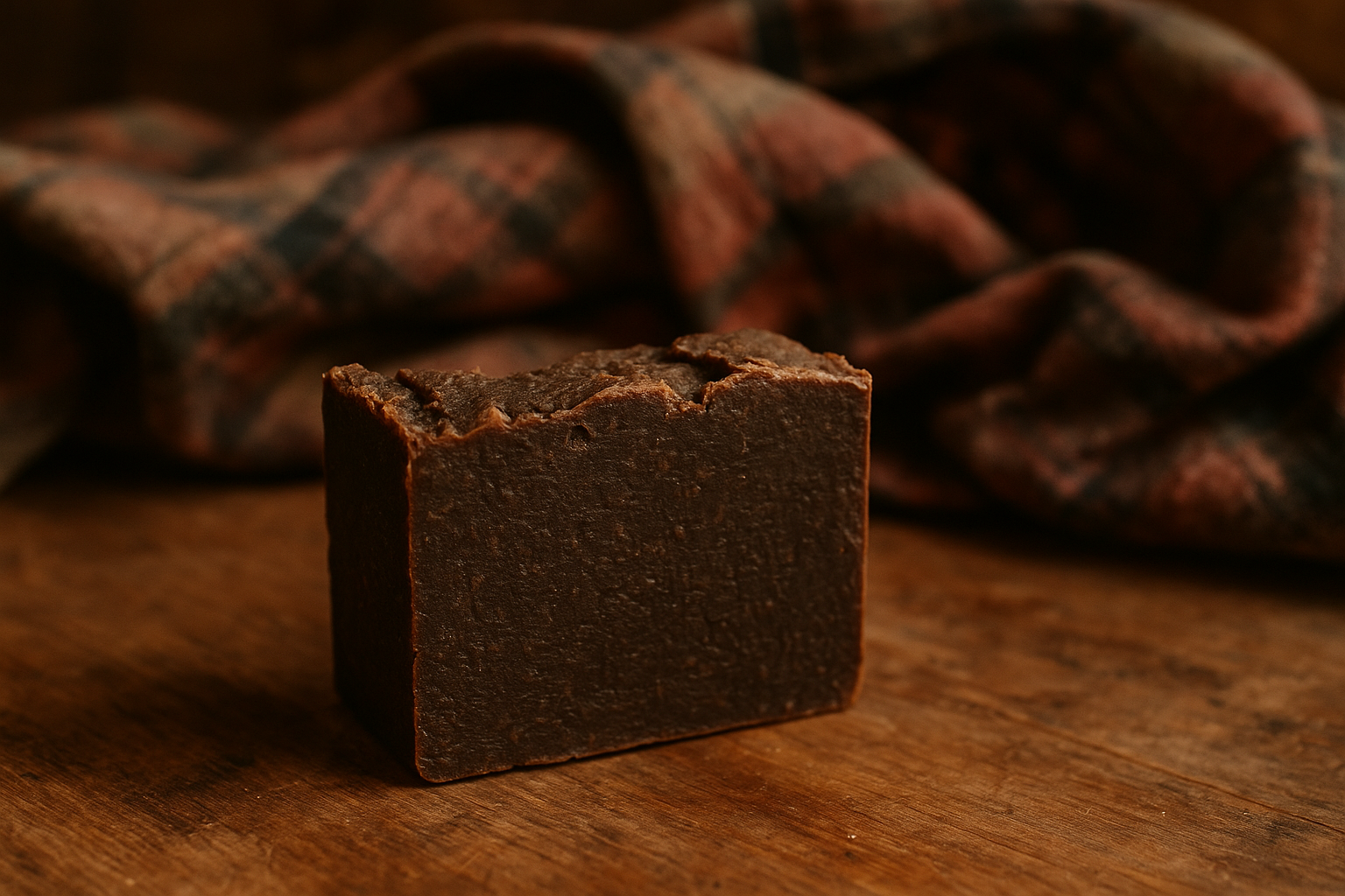 Generate image of dark brown handmade soap with old flannel shirt in background 