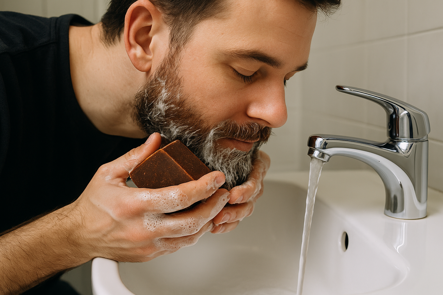 Generate image of man washing his beard with a dark brown handmade soap bar at bathroom sink