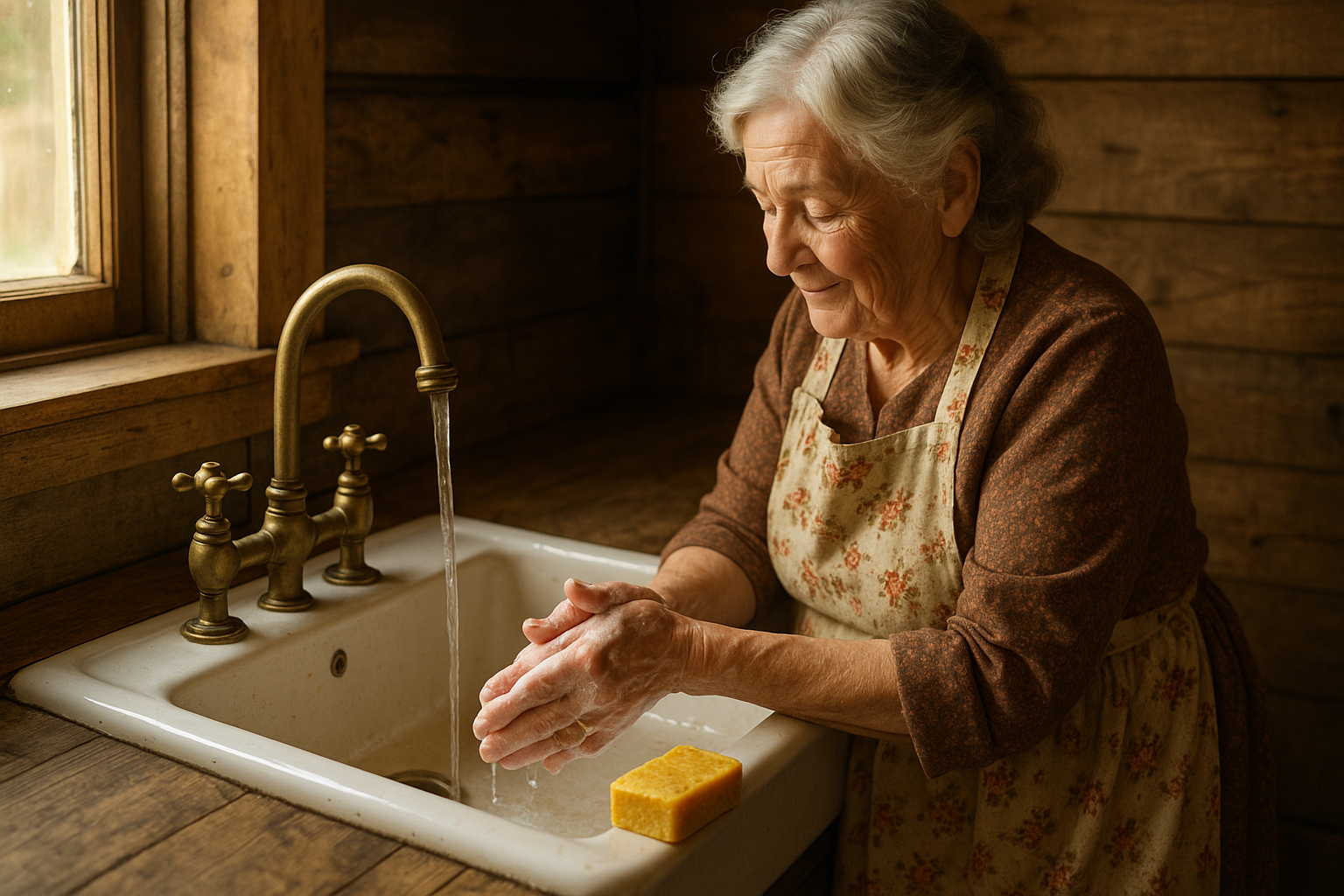 Grandma washing hands at old farm style sink with yellow handmade soap bar