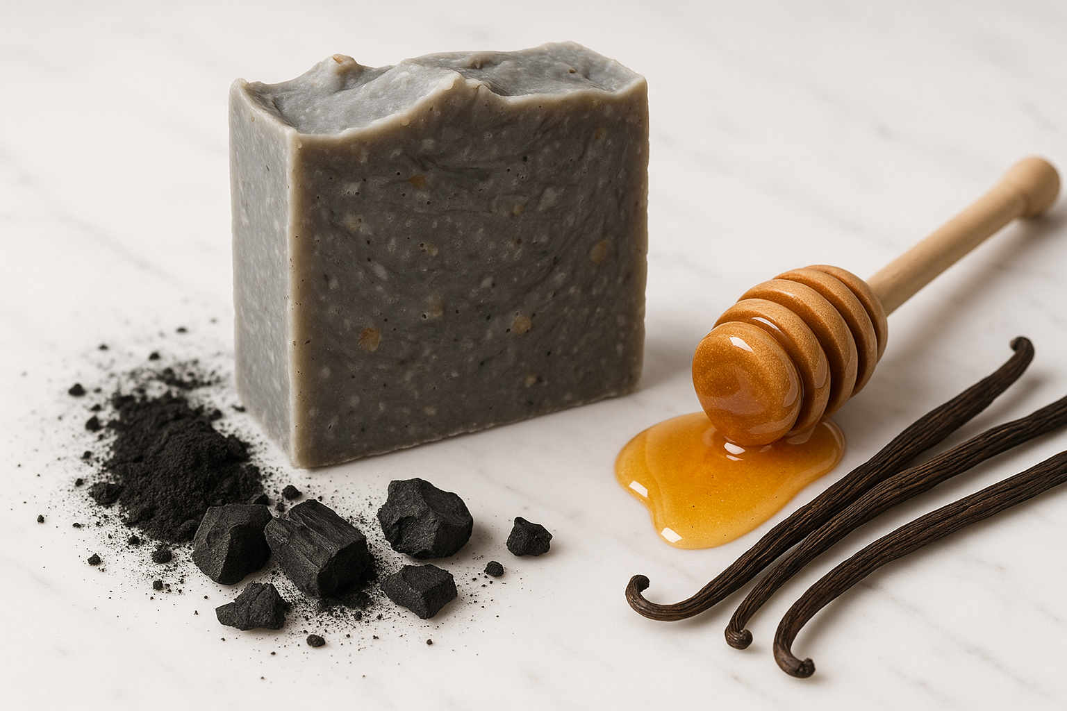 Gray handmade bar soap surrounded by activated charcoal, honey and vanilla beans
