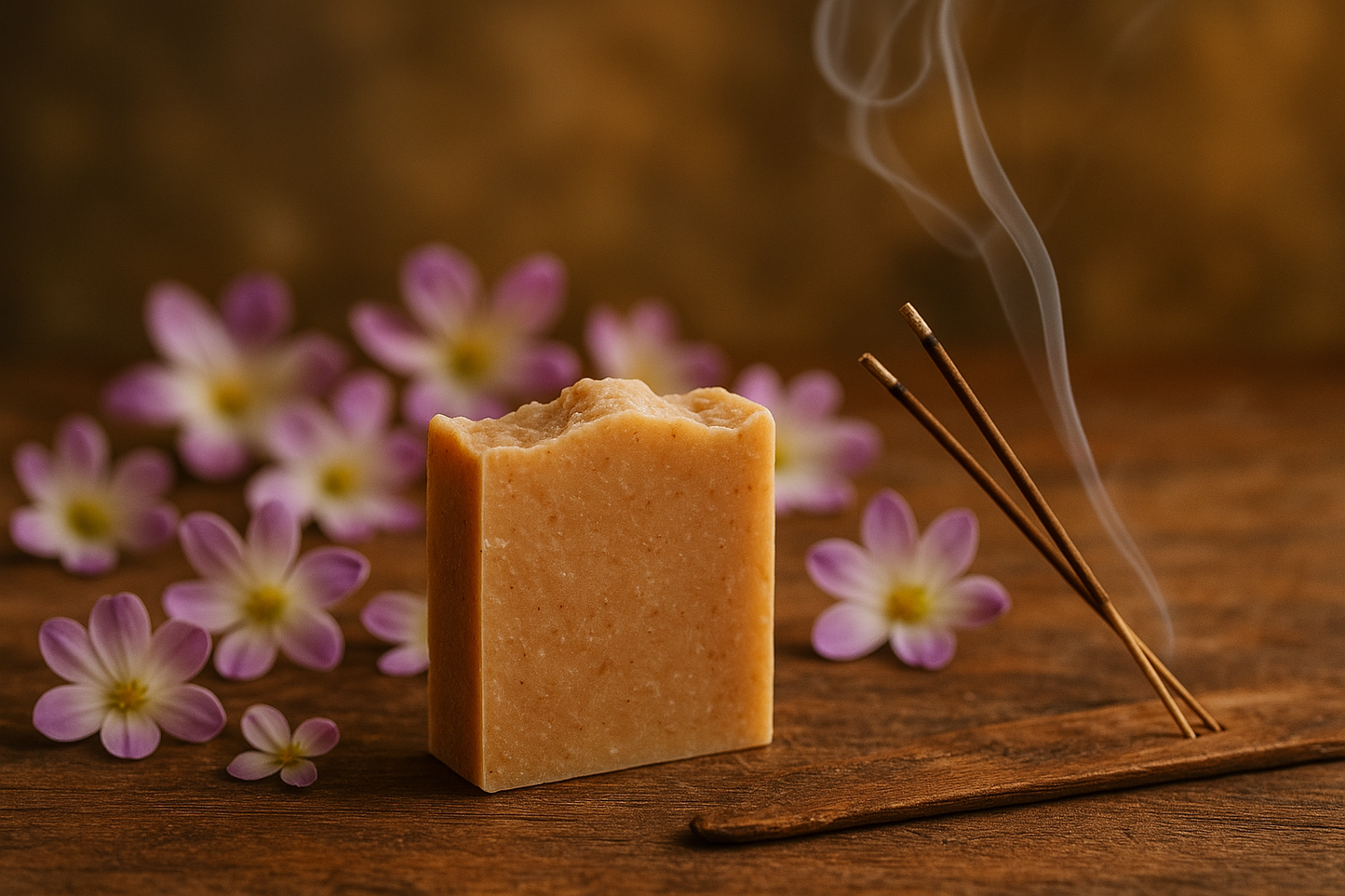 Light brown handmade bar soap with nag champa flowers and incense in background 