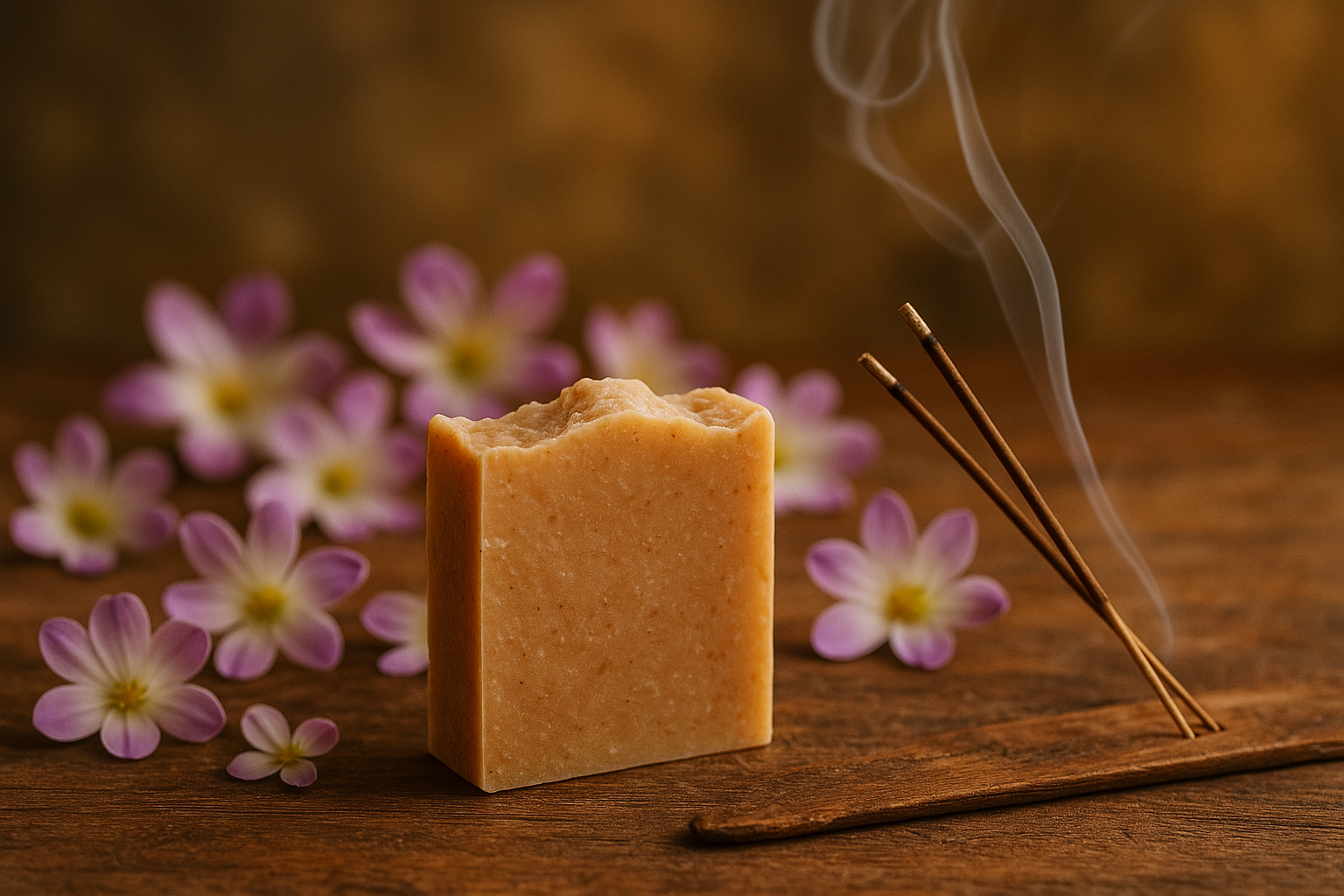 Light brown handmade bar soap with nag champa flowers and incense in background 