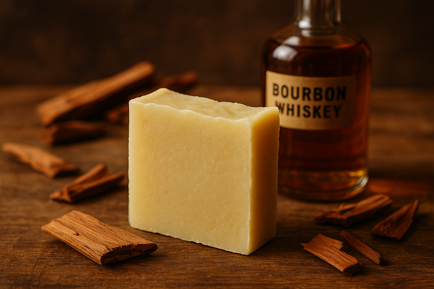 Light yellow handmade bar of soap with bourbon and cedarwood in background 
