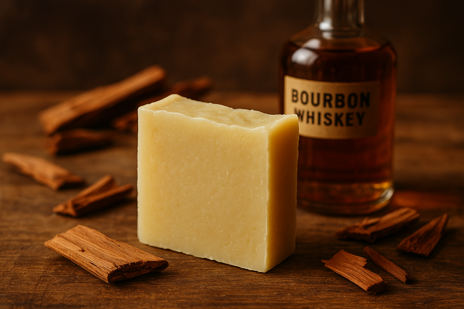 Light yellow handmade bar of soap with bourbon and cedarwood in background 