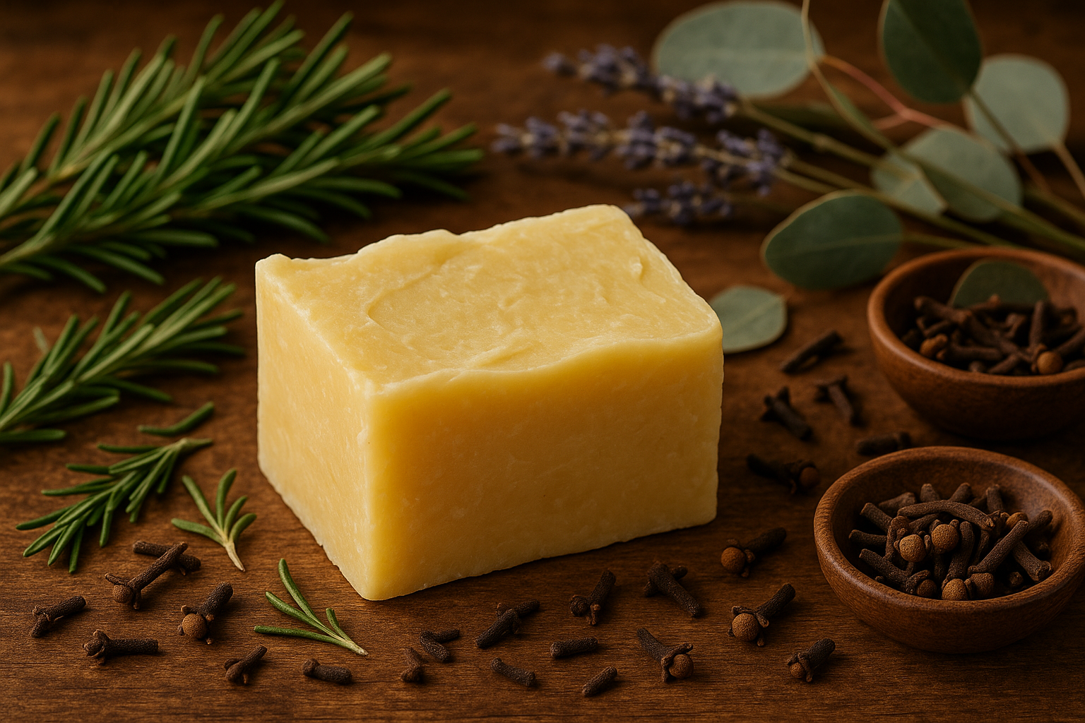 Light yellow handmade bar soap with 4 thieves ingredients in background 