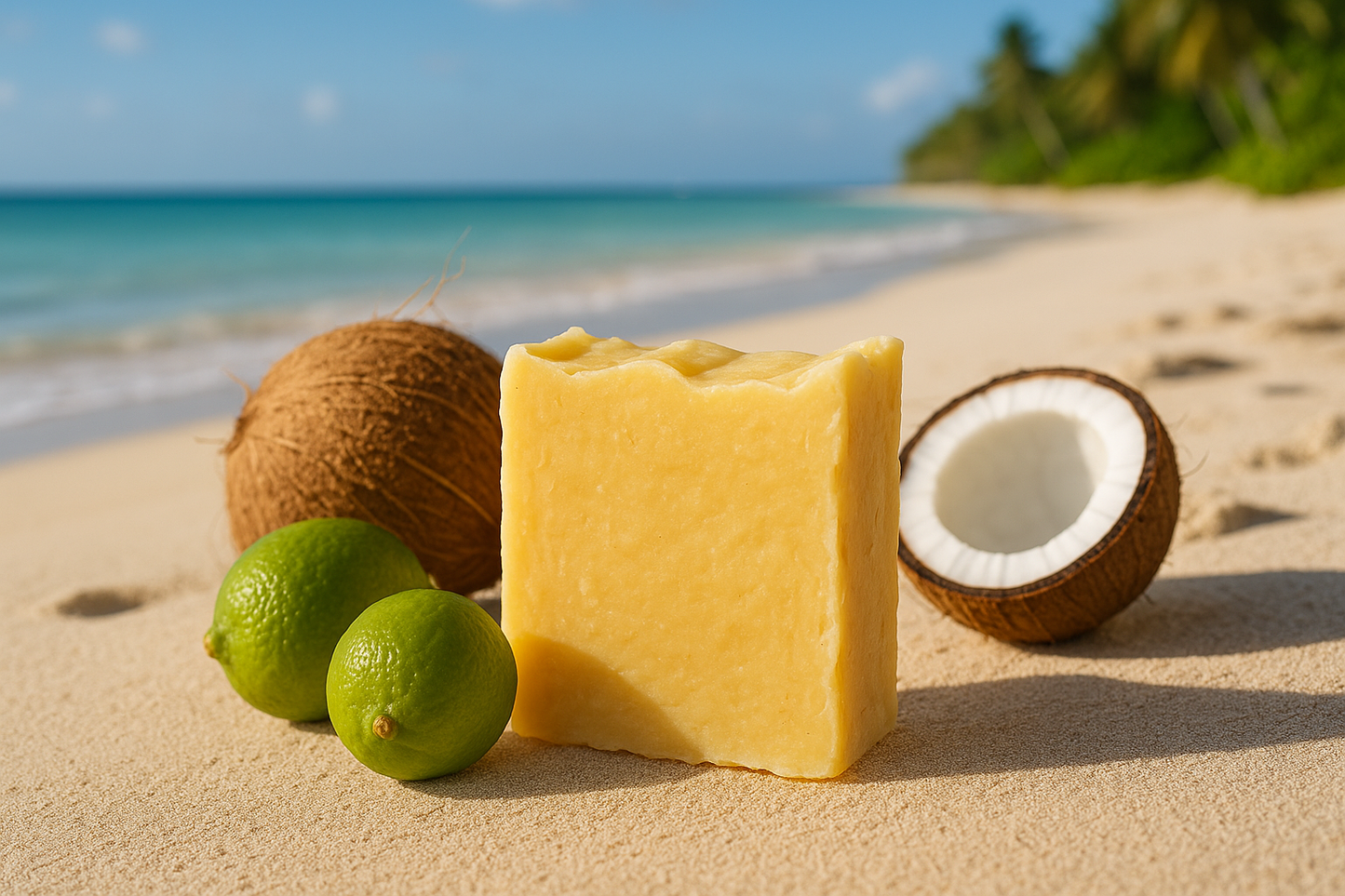 Light yellow handmade bar soap with coconut limes on beach
