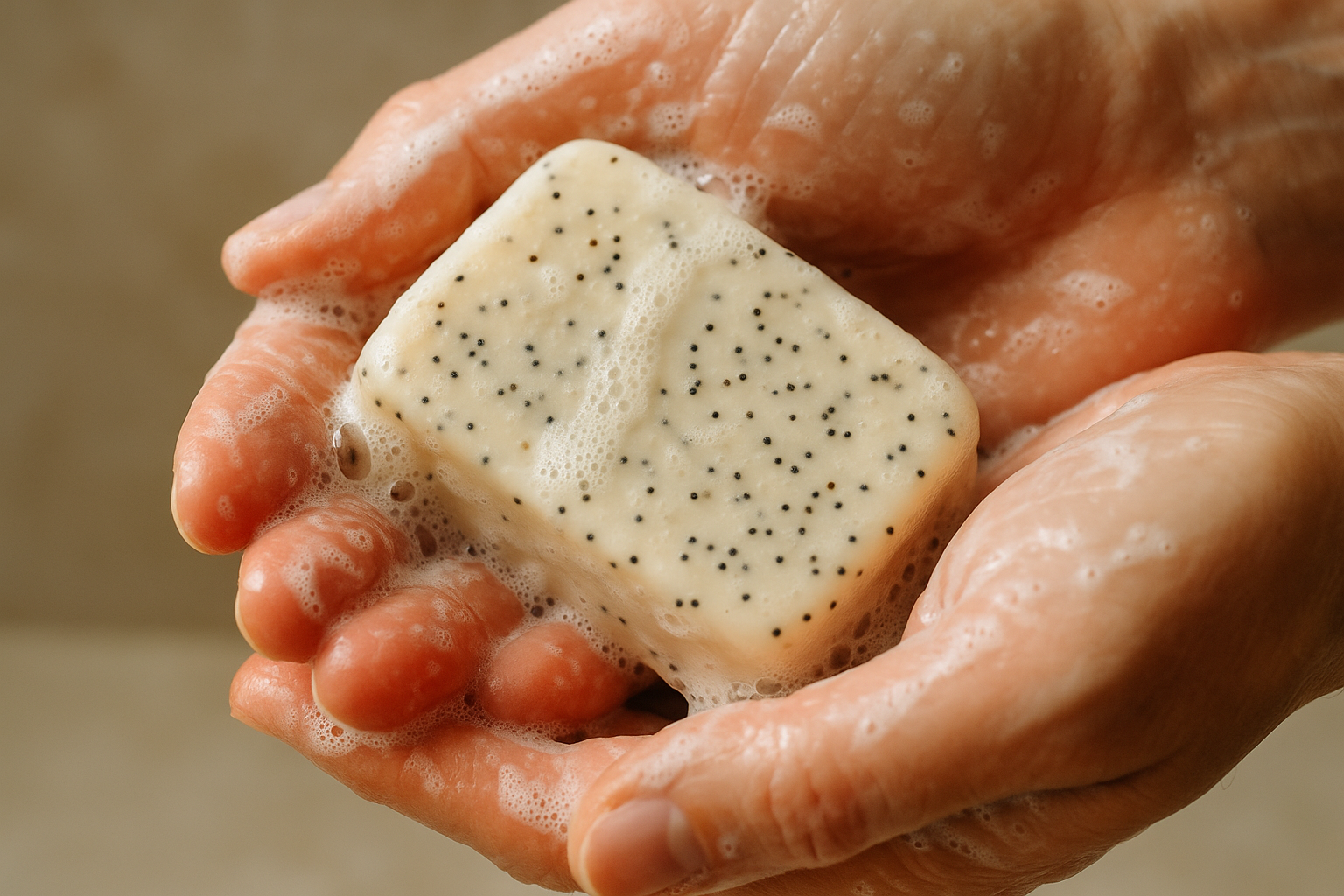Off white bar soap with poppyseeds lathered in hands