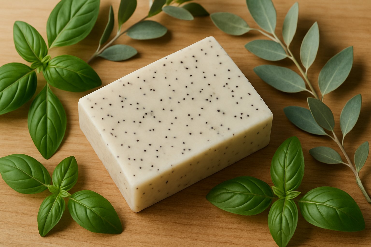 Off white bar soap with poppyseeds surrounded by basil and eucalyptus 