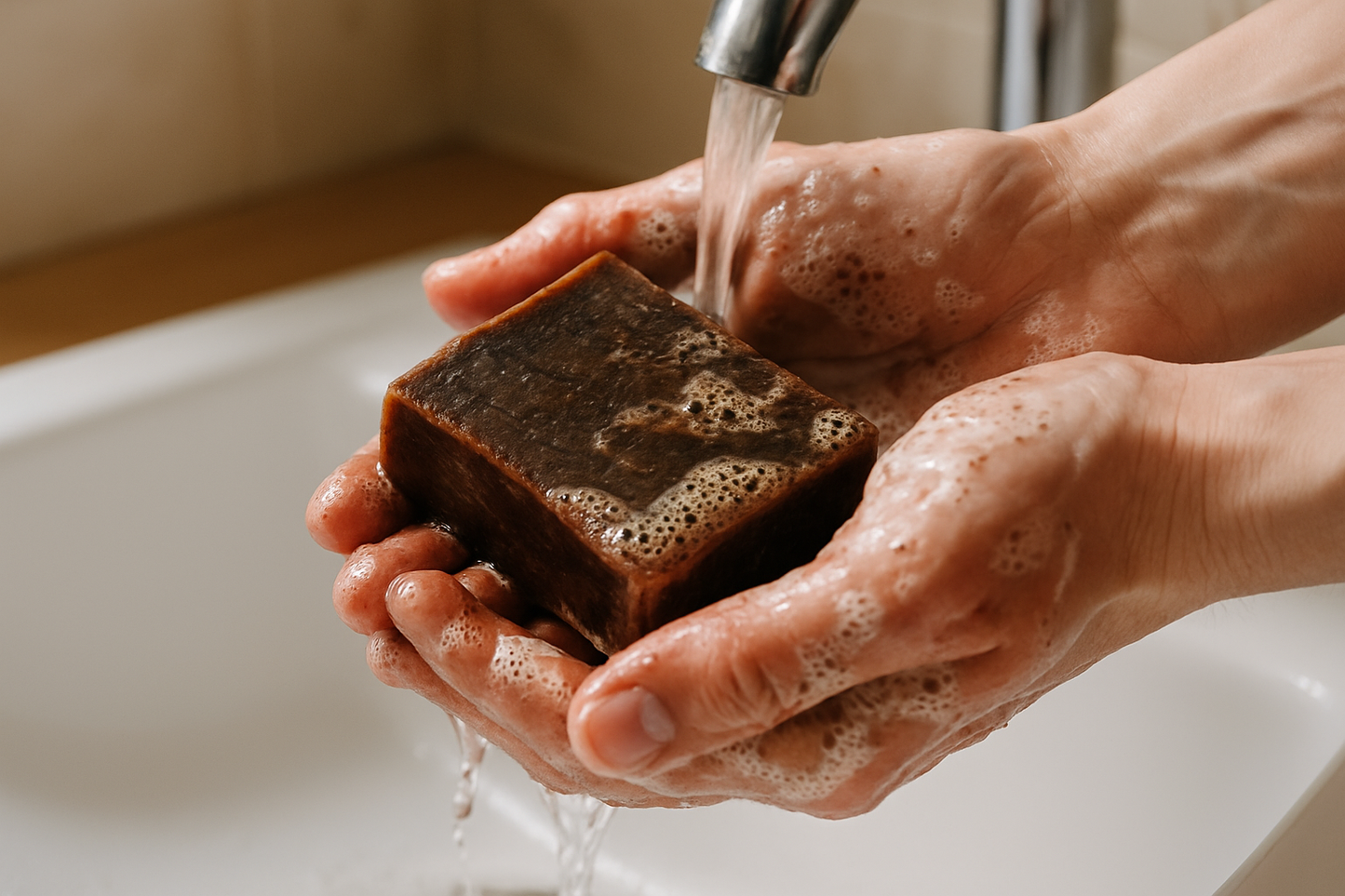 Person washing hands with dark brown handmade soap