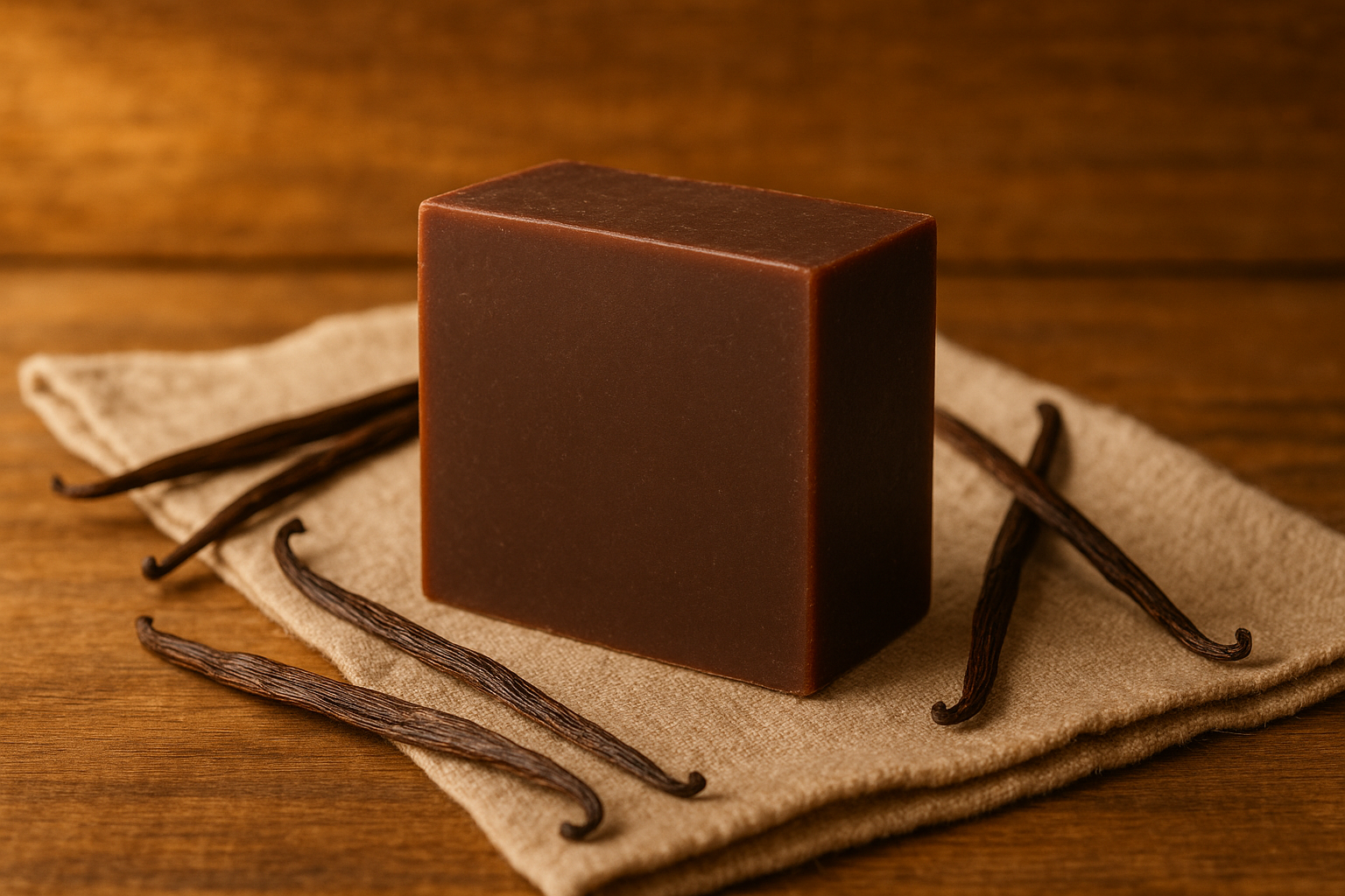 Plain dark brown handmade bar soap with a warm cozy background with vanilla beans